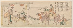 Reizigers arriveren bij het Echizen-ya theehuis door Katsushika Hokusai