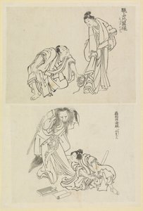 Twee toneelscènes, een met een man en een vrouw en een met een man en een vossenvrouw door Katsushika Hokusai