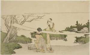 Twee vrouwen die stof uitrekken door Katsushika Hokusai