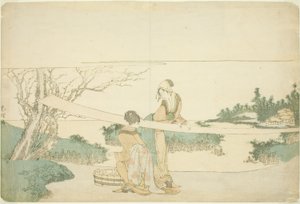 Twee vrouwen die stof uitrekken door Katsushika Hokusai