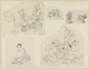 Vijf voorstellingen van mensen in verschillende situaties door Katsushika Hokusai