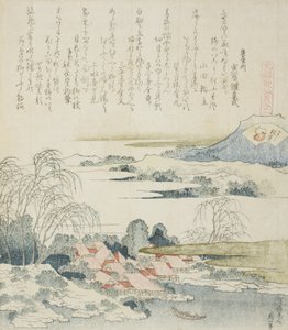 Dorp aan de Yoshino-rivier, illustratie voor De Brocade Shell door Katsushika Hokusai