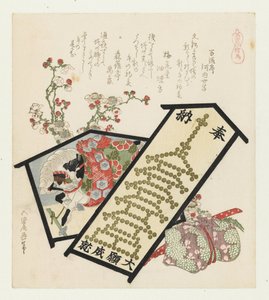 Votief-tafeltjes met bloemen door Katsushika Hokusai