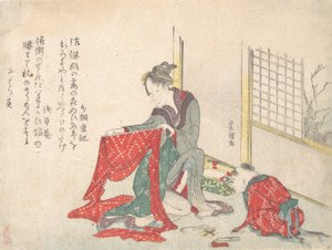 Vrouw die Doek Vouwt, laat 18e-begin 19e eeuw door Katsushika Hokusai