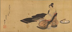 Vrouw aan het bevallen in een verfomfaaid pak Detail door Katsushika Hokusai