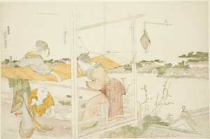 Vrouwen op een veranda die doek te drogen hangen