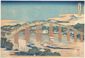 De Yahagi-brug bij Okazaki aan de Tōkaidō (Tōkaidō Okazaki Yahagi no hashi), uit de serie „Opmerkelijke uitzichten op bruggen in diverse provincies“ (Shokoku meikyō kiran) door Katsushika Hokusai