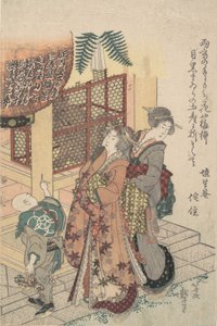 Jonge dames die eer betuigen aan een heiligdom door Katsushika Hokusai
