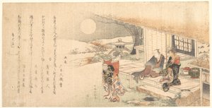 Jonge dame met een lamp; man en vrouw op de veranda van een theehuis door Katsushika Hokusai