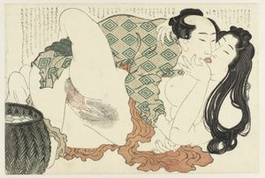 Zoenende visser en duikster, De Adonis plant, Fukujuso door Katsushika Hokusai