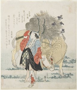 Houtverkoper en een Koe door Katsushika II Taito