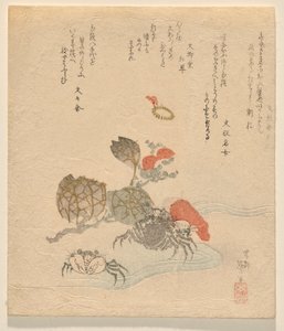 Krabben met tak van Chinese rozen door Katsushika Taito II