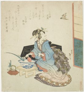 Geisha kijkt omhoog naar een koekoek, uit de serie "Vijf Jaarlijkse Festivals voor de Katsushika Kring" door Katsushika Taito II
