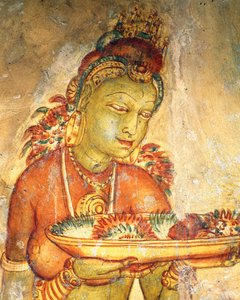 Apsaras, hemelse nimf die bloemen aanbiedt (fresco, versterkte citadel van Sigiriya, UNESCO Werelderfgoedlijst)