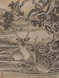 Herten en Apen door Kawanabe Kyosai