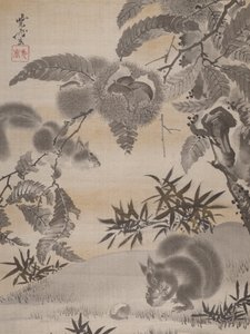 Eekhoorns verzamelen kastanjes, ca. 1887 door Kawanabe Kyosai