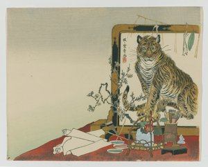 Staand scherm (Tsuitate) van een tijger, 1878 (houtsnede kleurdruk)