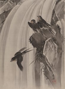 Zwaluwen bij een waterval, ca. 1887 door Kawanabe Kyosai