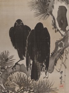 Twee kraaien op een dennen tak door Kawanabe Kyosai