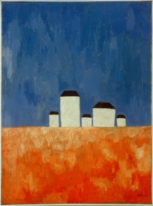 Landschap met vijf huizen door Kazimir Severinovich Malevich