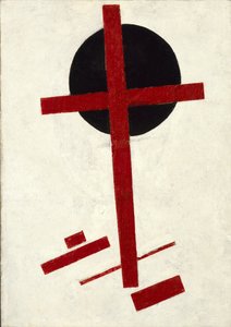 Mystiek suprematisme (zwarte kruis op rode ovaal)