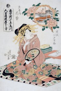 Courtisane Hanamurasaki van Tamaya theehuis met waaier in haar hand, ca. 1830, Ukiyo-e kunstprint door Keisai Eisen (1790-1848), Oban-tate-e houtsnede, 38,5 x 26 cm, Japanse beschaving