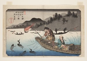 Nr. 55, Kodo: Aalscholver vissersboten op de Nagae-rivier door Keisai Eisen
