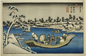 Verre blik op sneeuw op de Sumida-rivier in Edo