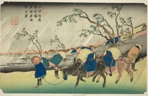 Nr. 20: Regen op de Hiratsuka-vlakte bij Kutsukake-station (Niju: Kutsukake no eki, Hiratsukahara uchu no kei), uit de serie "[Negenenzestig stations van de] Kisokaido"