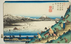 Nr. 31: Uitzicht op het Suwa Meer vanaf de Shiojiri Pas, uit de serie "[Negenenzestig Stations van de] Kisokaido" door Keisai Eisen