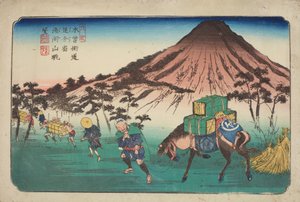 Oiwake, reizigers met een paard die een berg passeren, plaat 22 uit de serie: De negenenzestig stations van de Kisokaido-weg door Keisai Eisen