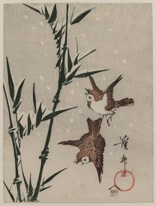 Mussen, Bamboe en Vallende Sneeuw, ca. late 1820s door Keisai Eisen