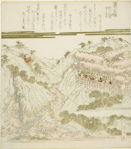 Uitzicht op Miyanoshita Warmwaterbronnen in Hakone, Soshu, uit de serie "Warmwaterbronnen - Een Diptiek (Onsen niban tsuzuki)" door Keisai Eisen