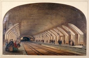 Interieur van Baker Street Station met perrons en een naderende trein, Londen, ca. 1865