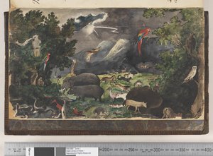 Frontispice: Zonder titel, Vreedzaam Koninkrijk, landschap met vogels en dieren