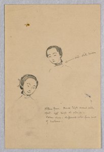 Schets van Twee Vrouwelijke Hoofden voor Chinese Figuur in "Het Huwelijk van de Atlantische en Stille Oceaan," Muurschildering in het Wisconsin State Capitol, Madison, WI door Kenyon Cox