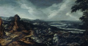 Panoramisch landschap met Tobias en de engel door Kerstiaen de Keuninck (attributed to)