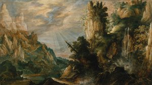 Een bergachtig landschap met een waterval, ca. 1600 door Kerstiaen de Keuninck