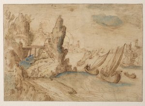 Denkbeeldig kustlandschap met vissersboten, 1575-1633