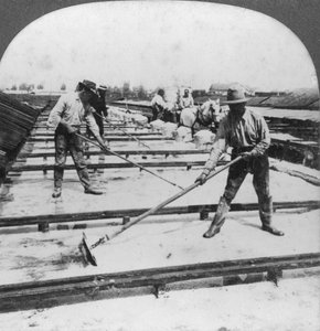 Zonne-evaporatie, zoutproductie, Syracuse, New York, VS, 20e eeuw door Keystone View Company