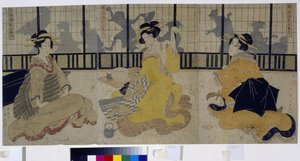 Feest van de drie schoonheden. Groep van drie courtisanes (geisha, geiko) uit de Edo-periode of Tokugawa-periode (1600-1868) in een theehuis (ochaya). Werk van Kikukawa Eizan (1787-1867), houtsnede 1814. door Kikukawa Eizan