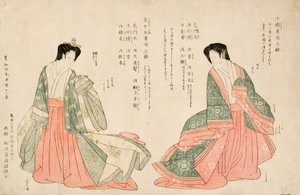 Vrouwen die twee hofkostuums dragen, 1801 door Kikukawa Eizan