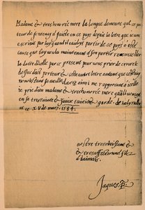 Brief van Koning James VI 1566-1625 aan zijn Moeder, Koningin Mary 1542-1587, 1584-5 door King James I