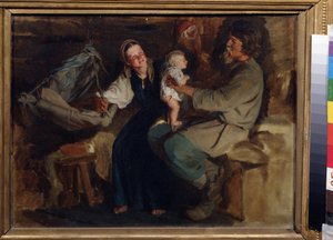 Ouderlijk geluk. In een bescheiden interieur houdt een boerenpaar hun halfnaakte baby in evenwicht op de knieën van de vader, terwijl de moeder glimlacht en de wieg vasthoudt door Kirill Vikentievich Lemoch