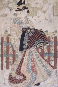 Tsukioka van de Tama-Ya, een Drieluik van Schoonheden en Bloemen door Kitagawa II Utamaro