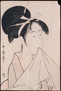 Een borstbeeldportret van Okita van de Naniwaya met een handdoek in haar tanden en het doek uitrekkend door Kitagawa Utamaro