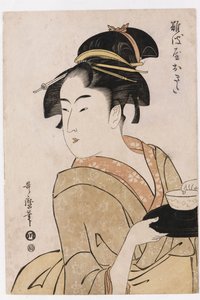 Een busteportret van de serveerster Okita van het Naniwaya Theehuis door Kitagawa Utamaro