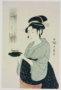 Een Halflang Portret van Naniwaya Okita, die de Beroemde Theehuis Serveertster een Kopje Thee Serveert door Kitagawa Utamaro