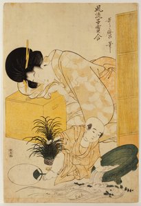 Een moeder die dut terwijl haar kind een vissenkom omstoot, uit de serie "Vergelijking van modieuze kinderen" door Kitagawa Utamaro