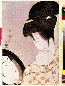 Een vrouw die haar nek poedert met schaduw Japanse prent door Utamaro Kitagawa (1753-1806) - Zon 0,37x0,22 m - 1795-1796 - Parijs, Musee Guimet, Nationaal Museum van Aziatische Kunsten door Kitagawa Utamaro